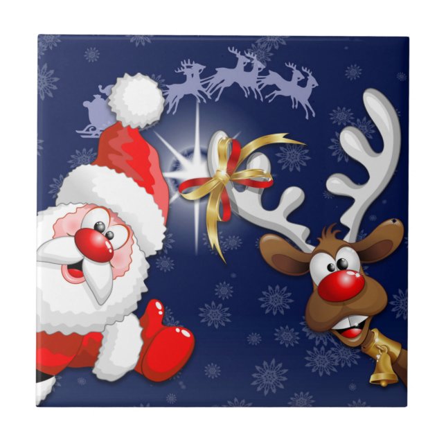 Santa and Reindeer Merry Christmass Happy Cartoon Tile (Front)