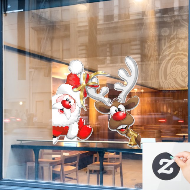 Santa and Reindeer Merry Christmass Happy Cartoon Window Cling (Cafe Window)