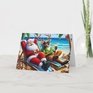 Santa and Reindeer on Beach Warm Climate Holiday Card
