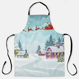 Santa and Reindeer on Christmas Background. Winter Apron