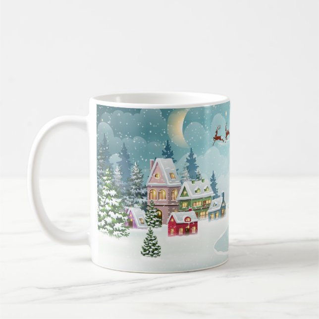 Santa and Reindeer on Christmas Background. Winter Coffee Mug (Left)