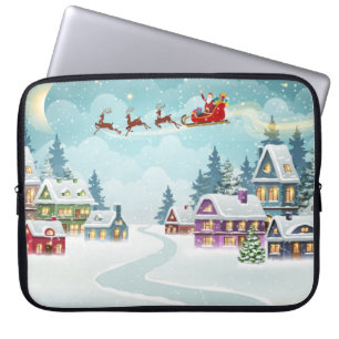 Santa and Reindeer on Christmas Background. Winter Laptop Sleeve