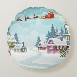 Santa and Reindeer on Christmas Background. Winter Round Pillow