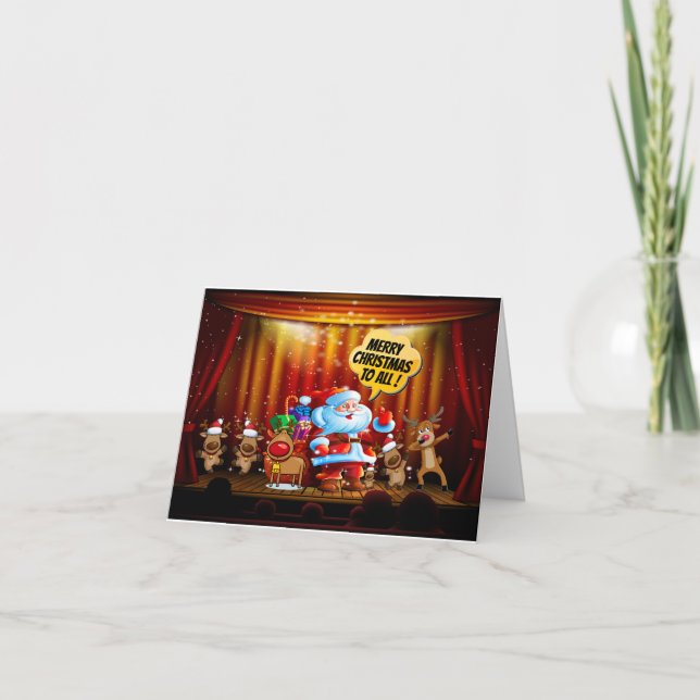 Santa and Reindeer on Stage Christmas Card (Front)