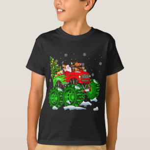 Santa And Reindeer Riding Monster Red Truck Funny  T-Shirt