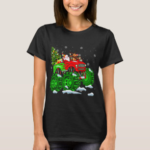 Santa And Reindeer Riding Monster Red Truck Funny T-Shirt