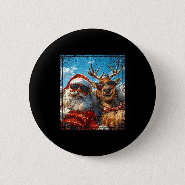 Santa And Reindeer Selfie Funny Christmas Vacation 2 Inch Round Button (Front)