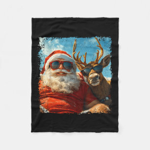 Santa And Reindeer Selfie Funny Christmas Vacation Fleece Blanket