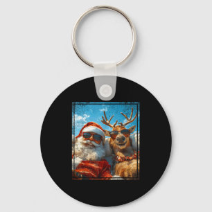 Santa And Reindeer Selfie Funny Christmas Vacation Keychain