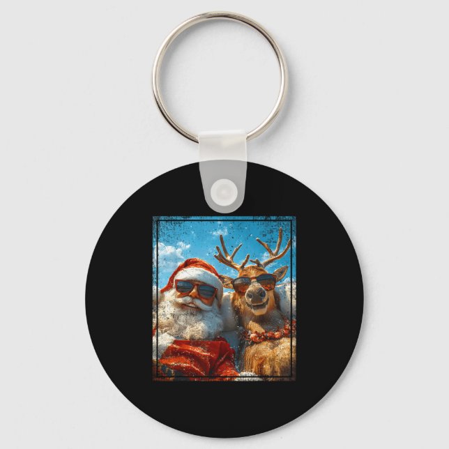 Santa And Reindeer Selfie Funny Christmas Vacation Keychain (Front)