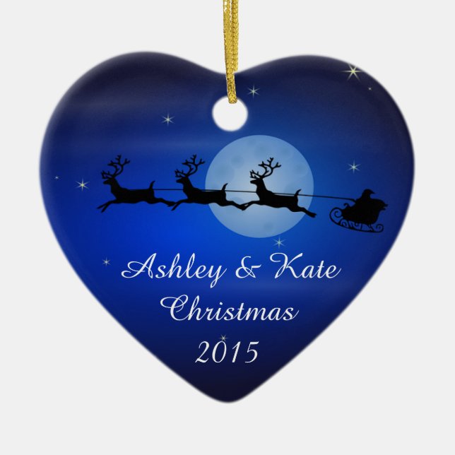 Santa and Reindeer Silhouette Ceramic Ornament (Front)