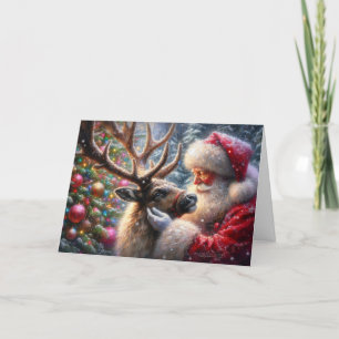 Santa And Reindeer, Snowy Forest, Christmas Tree 1 Holiday Card