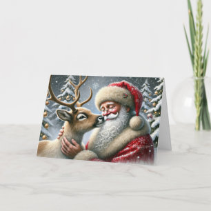 Santa And Reindeer, Snowy Forest, Christmas Tree 3 Holiday Card