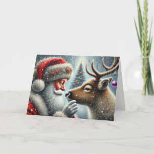Santa And Reindeer, Snowy Forest, Christmas Tree 4 Holiday Card