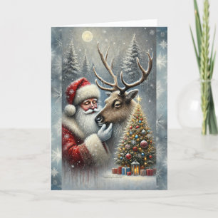 Santa And Reindeer, Snowy Forest, Christmas Tree 5 Holiday Card