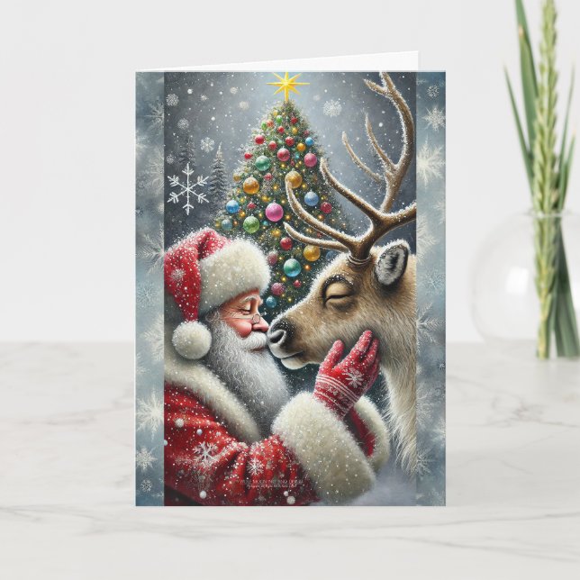 Santa And Reindeer, Snowy Forest, Christmas Tree 6 Holiday Card (Front)