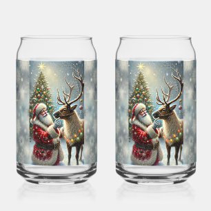 Santa And Reindeer, Snowy Forest, Christmas Tree 8 Can Glass