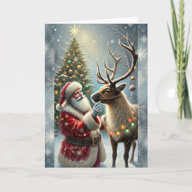 Santa And Reindeer, Snowy Forest, Christmas Tree 8 Holiday Card (Front)