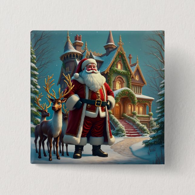Santa and Reindeer Square Button (Front)