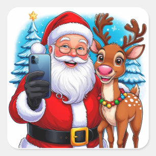 Santa And Reindeer Taking Christmas Selfie Square Sticker