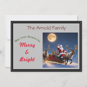 Santa and reindeer with full moon holiday card