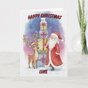 Santa and Reindeer With Presents Personalised Kids Holiday Card