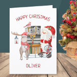 Santa and Reindeer with Sleigh Personalized Kids Holiday Card<br><div class="desc">Christmas Card personalized with your child's name and your own custom message. The design features santa and reindeer with sleigh filled with presents.</div>