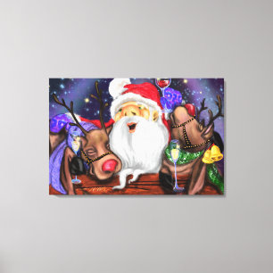 Santa and Reindeers Funny Christmas Canvas Print