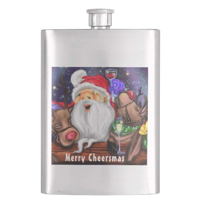 Santa and Reindeers Funny Christmas Gift Flask (Front)