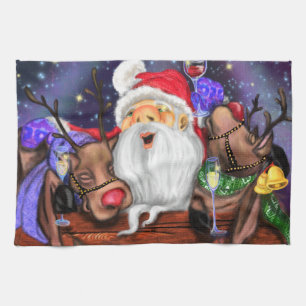 Santa and Reindeers Funny Christmas Kitchen Towel
