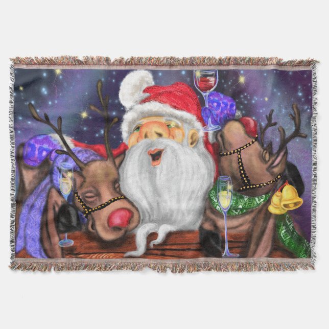 Santa and Reindeers Funny Christmas Throw Blanket (Front)