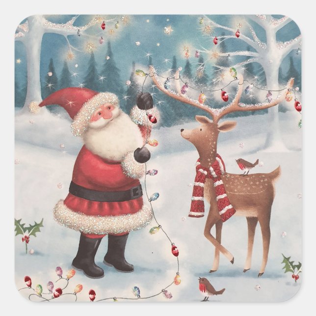 Santa and Rudolph Christmas Snow Scene Square Sticker (Front)