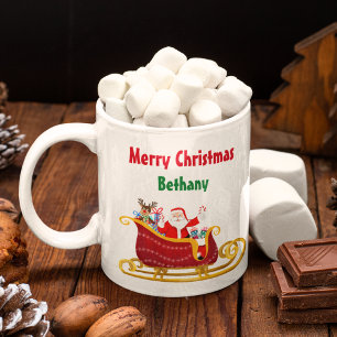 Santa and Rudolph In Christmas Sleigh Personalize  Coffee Mug