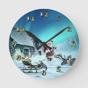 Santa and Rudolph with Sled Round Clock