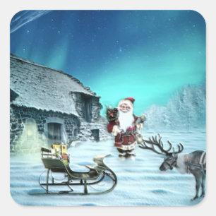 Santa and Rudolph with Sled Square Sticker