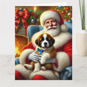 Santa and Saint Bernard Puppy with Blue Bow Card