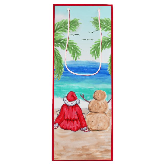 Santa and Sand Snowman on Beach Christmas Wine Gift Bag (Front)