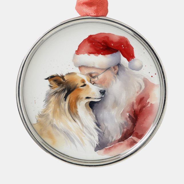 Santa and Sheltie Metal Ornament (Front)