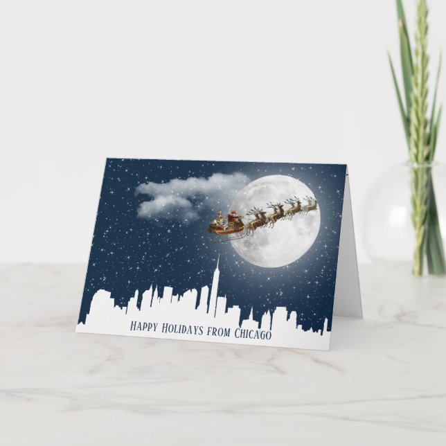 Santa and Sleigh Flying Over Big City Skyline  Card (Front)