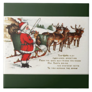 Santa and Sleigh with Reindeer Green Ceramic Tile