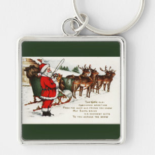 Santa and Sleigh with Reindeer Green Keychain