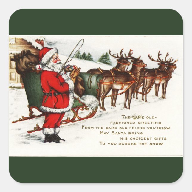 Santa and Sleigh with Reindeer Green Square Sticker (Front)