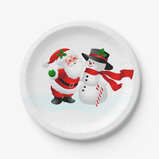 Santa And Snowman 7 Inch Paper Plate (Front)