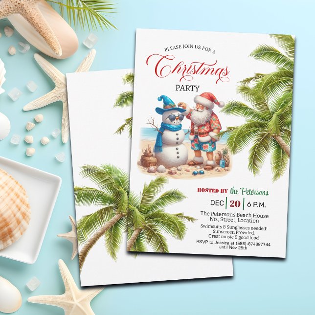 Santa and Snowman on the Beach Christmas Party  Invitation (Creator Uploaded)