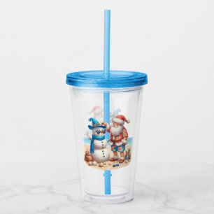 Santa and Snowman Tropical Island Christmas Acrylic Tumbler