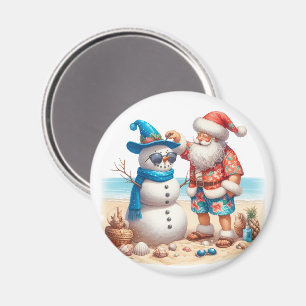 Santa and Snowman Tropical Island Christmas Magnet