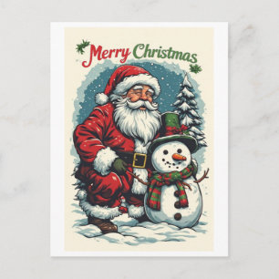 Santa and Snowman Wish you a Merry Christmas on a Holiday Postcard