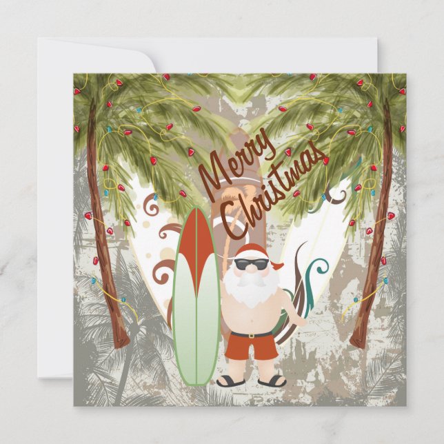 Santa and Surfboard Beach Merry Christmas Greeting Holiday Card (Front)