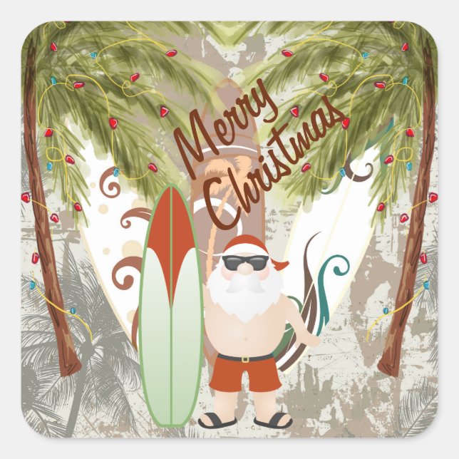 Santa and Surfboard Merry Christmas Beach Square Sticker (Front)