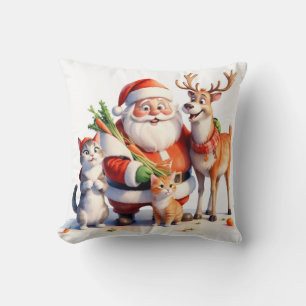 Santa and the cat family feed reindeer in the snow throw pillow